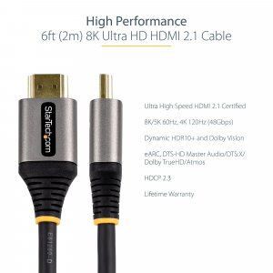StarTech.com 6ft (2m) HDMI 2.1 Cable 8K - Certified Ultra High Speed HDMI Cable 48Gbps - 8K 60Hz/4K 120Hz HDR10+ eARC - Ultra HD 8K HDMI Cable - Monitor/TV/Display - Flexible TPE Jacket