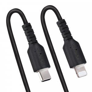 StarTech.com 1m (3ft) USB C to Lightning Cable, MFi Certified, Coiled iPhone Charger Cable, Black, Durable TPE Jacket Aramid Fiber, Heavy Duty Coil Lightning Cable