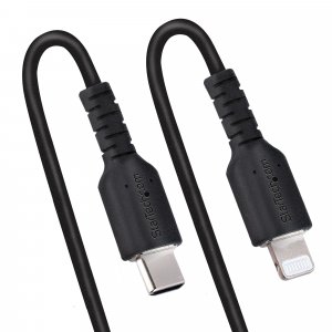 StarTech.com 20in / 50cm USB C to Lightning Cable, MFi Certified, Coiled iPhone Charger Cable, Black, Durable TPE Jacket Aramid Fiber, Heavy Duty Coil Lightning Cable