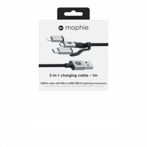 mophie Charge and Sync Cable-USB-A to Micro/USB-C/LTG- 1M- Black