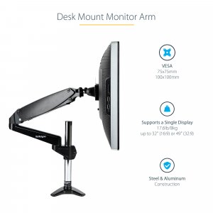 StarTech.com Desk Mount Monitor Arm for Single VESA Display up to 32" or 49" Ultrawide 8kg/17.6lb - Full Motion Articulating & Height Adjustable - C-Clamp, Grommet - Single Monitor Arm