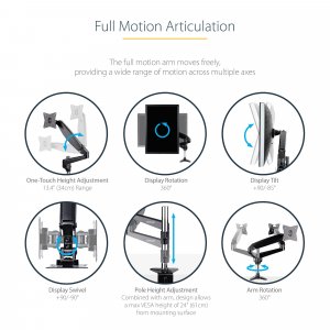 StarTech.com Desk Mount Monitor Arm for Single VESA Display up to 32" or 49" Ultrawide 8kg/17.6lb - Full Motion Articulating & Height Adjustable - C-Clamp, Grommet - Single Monitor Arm