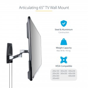 StarTech.com Articulating TV Wall Mount, VESA Wall Mount, Supports 26 to 65 inch/99lb/Flat/Curved TVs, Retractable Low Profile Wall Mount TV Bracket, Adjustable Corner TV Wall Mount