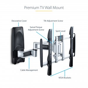 StarTech.com Articulating TV Wall Mount, VESA Wall Mount, Supports 26 to 65 inch/99lb/Flat/Curved TVs, Retractable Low Profile Wall Mount TV Bracket, Adjustable Corner TV Wall Mount