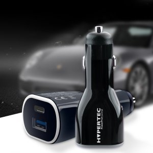 Hypertec HyperPower 100w USB-C GaN in Car Laptop charger. USB-C PD3.0 & USB-A QC4+ GaN laptop car charger. Includes 1.2m Type-C cable with 100w / 5A E-Marker; suitable for both 12v and 24v applications. Supplied by Hypertec